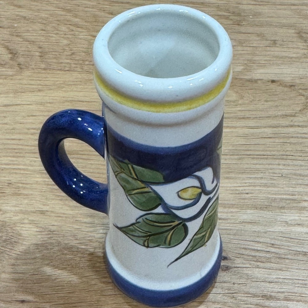 Hand Painted Ceramic Miniature Mug Floral Cobalt Blue Mediterranean Shot Glass